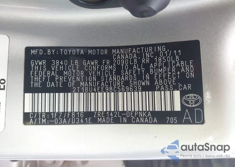 2011 Toyota Corolla Le from USA, damaged, VIN 2T1BU4EE9BC569639